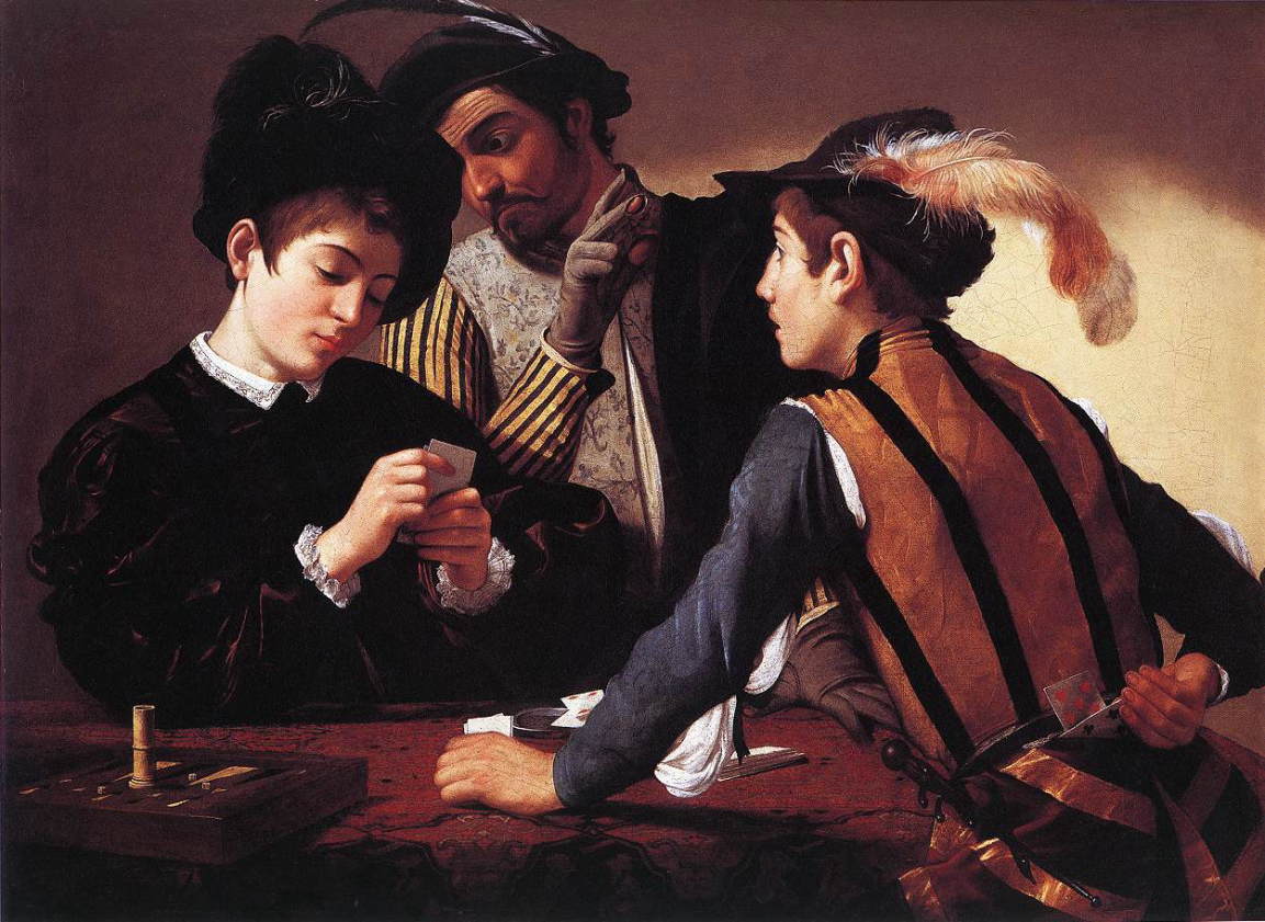 カラヴァッジオ　「トランプ詐欺師」1596　Oil on canvas, 90 x 112 cm　　テキサス州、フォートワース、キンベル美術館
